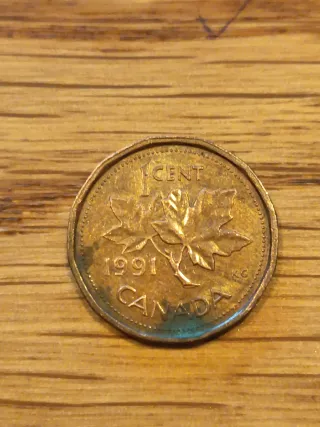 Moneda Canadá 1 Cent 1991 . Hoja Arce.