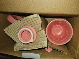 Juego tetera y taza rosa cerámica
