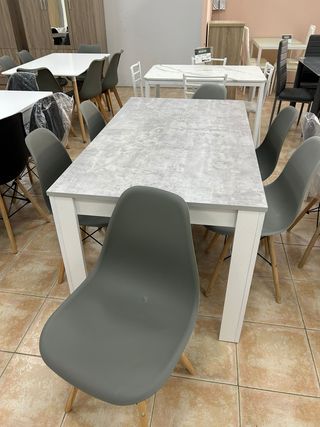 MESA DE MADERA DE COMEDOR GRIS + 6 SILLAS NORDICO