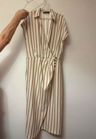 Vestido midi Zara rayas beige, marrón y dorado