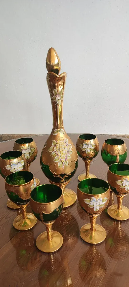 Jarra y  8 copas cristal Murano oro y verde