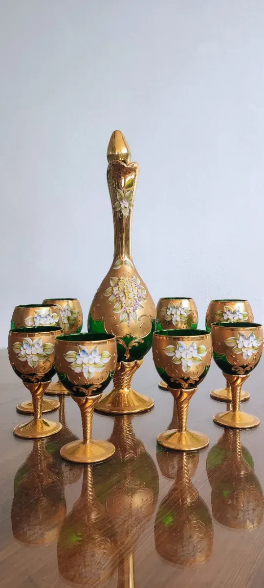 Jarra y  8 copas cristal Murano oro y verde