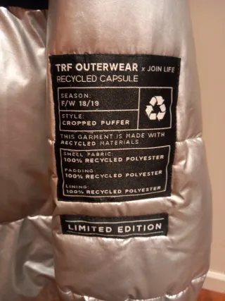 Plumífero Zara TRF Limited , materiales reciclado.