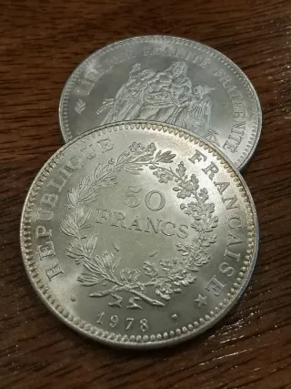 2 Monedas plata 50 Francos Franceses 1978