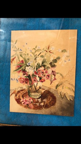 Cuadro antiguo acuarela flores