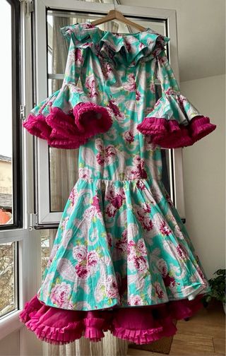 Vestido Flamenca Turquesa y Buganvilla
