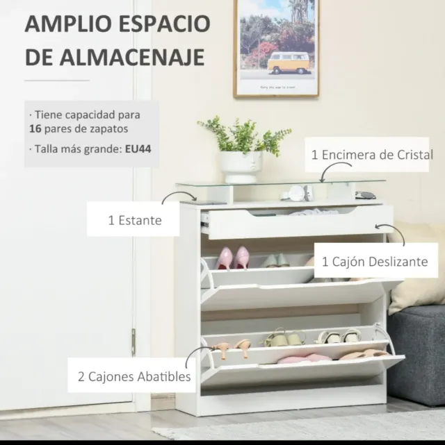 Zapatero 16 pares blanco y cristal