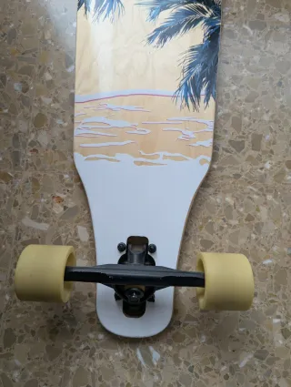 Longboard negro con diseño de palmeras