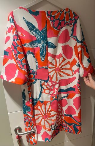 Vestido fiesta estampado naranja y rosa