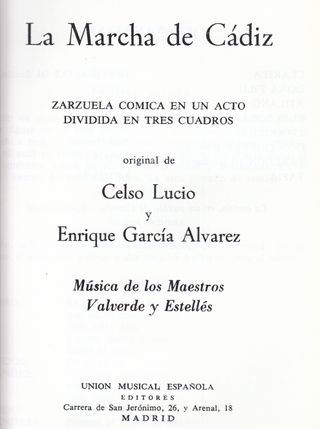 Libreto La Marcha de Cádiz Valverde y Estellés