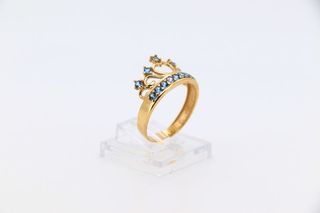 ANILLO GRANDE CORONA CIRCONITAS AZULES. Oro 18k.