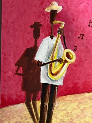 Pintura al óleo de músico con saxofón