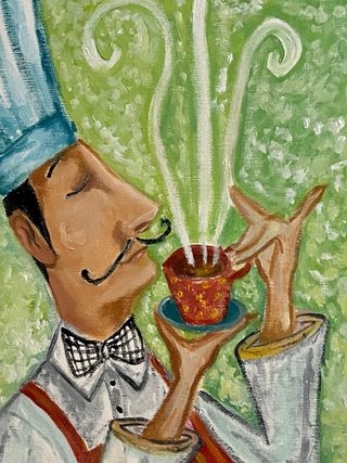 Cuadro al óleo de chef con café