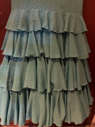 Traje de flamenca Lina turquesa con lunares blanco