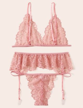 Conjunto lencería encaje rosa.T-XL.CON ETIQUET