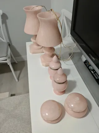 Juego tocador lámparas porcelana rosa