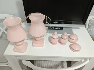 Juego tocador lámparas porcelana rosa