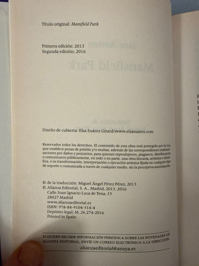 Jane austen: Mansfield Park. Alianza