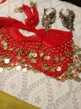 Traje Danza Vientre Top Rosa y Falda Naranja