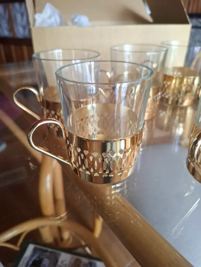 Juego 6 Tazas Vintage Vidrio Dorado