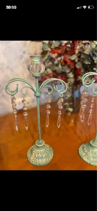 Candelabro Teal con Cristales Transparentes