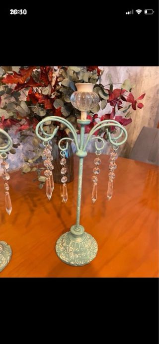 Candelabro Teal con Cristales Transparentes