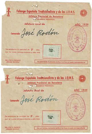 RECIBOS DE DONACION A FALANGE  (1959)