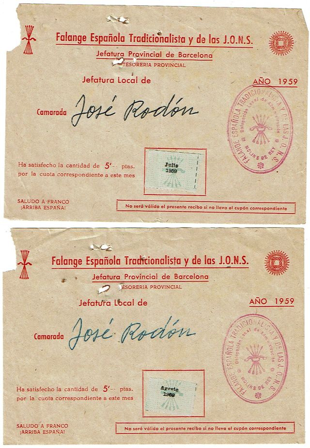 RECIBOS DE DONACION A FALANGE  (1959)