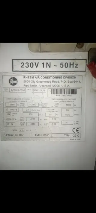 Aire Acondicionado Rheem 10.000 Frigorías