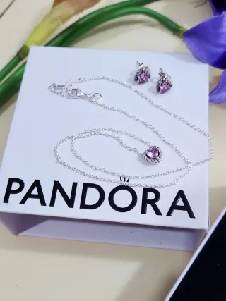 Conjunto Pandora Corazón Rosa Plata