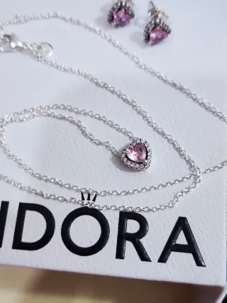 Conjunto Pandora Corazón Rosa Plata