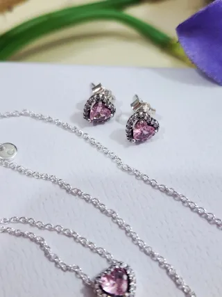 Conjunto Pandora Corazón Rosa Plata