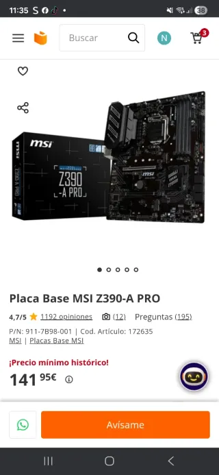 Kit placa procesador y refrig liquida MSI Z390-A P
