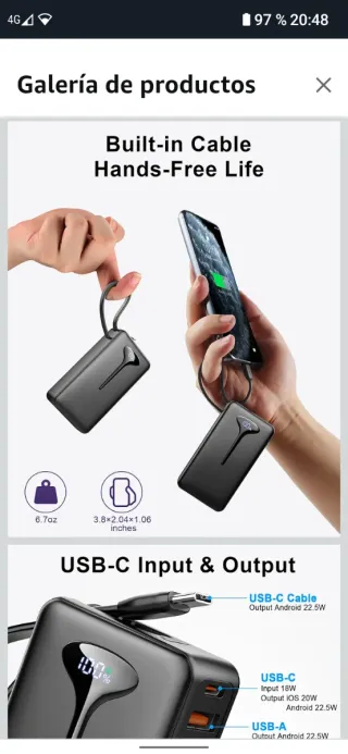 Power Bank 10000mAh USB C 22,5W portatile con LED, nero