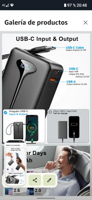 Power Bank 10000mAh USB C 22,5W portatile con LED, nero