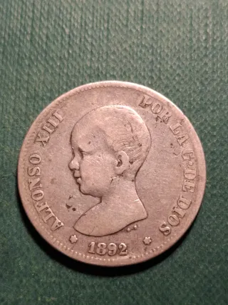 Moneda 2 Pesetas Alfonso XIII 1892 plata