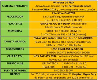 Ordenador GAMING: i5-4670K+GTX 1650 4GB GDDR6