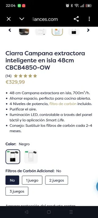 Campana extractora Ciarra is care  isla 48cm