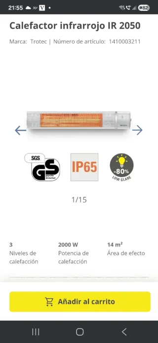 Calefactor de infrarojos 2.000 W Trotec