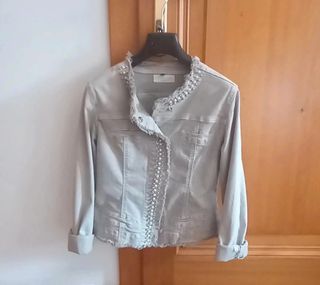 Giubbetto jeans beige con perle
