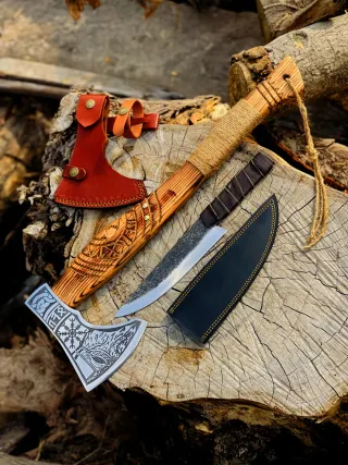 Hacha Vikinga Forjada a Mano + Cuchillo