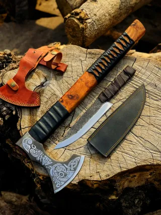 Hacha Vikinga Forjada a Mano + Cuchillo