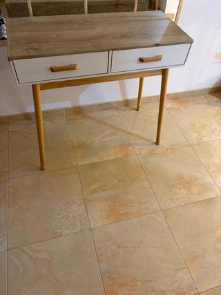 Consola blanca y madera con 2 cajones