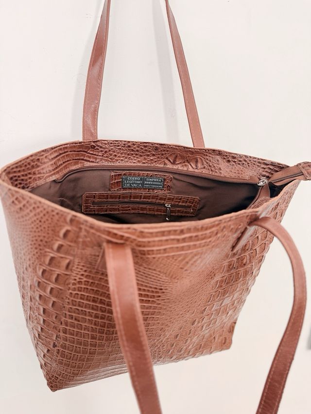 Bolso piel efecto cocodrilo beige/marrón