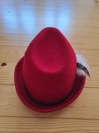 Sombrero de fieltro rojo con pluma