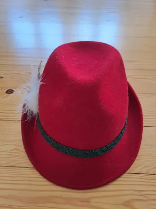 Sombrero de fieltro rojo con pluma