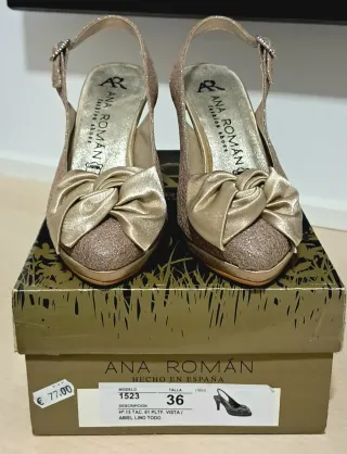 Zapatos Ana Roman tacón piel lazo dorados