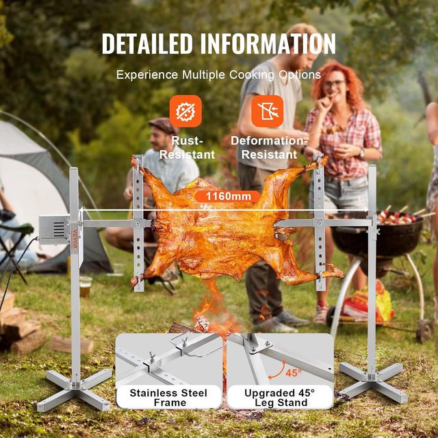 Barbacoa per agnello, maiale e maialino, 41 kg, agnello, capra, motore elettrico 42 W, acciaio inossidabile, scudo termico, lunghezza spiedo 1108 mm