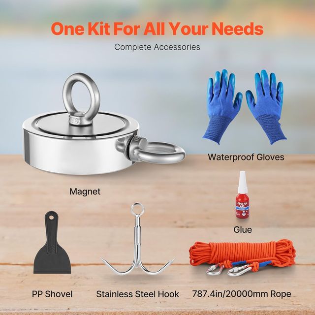 Kit di Pesca con Magnete da 771 kg con Magnete Forte su Entrambi i Lati, Kit di Pesca con Magnete al Neodimio N35 a Terre Rare con Uncino, Corda Resistente, Guanti e Ancora