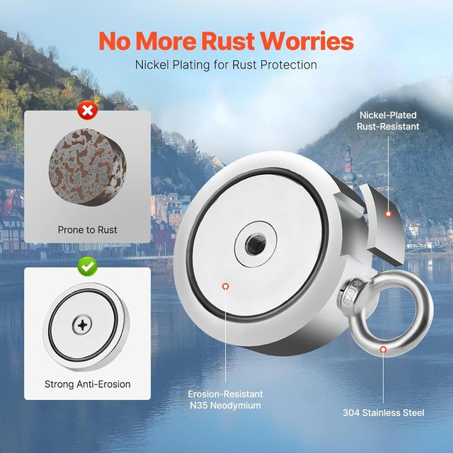 Kit di Pesca con Magnete da 771 kg con Magnete Forte su Entrambi i Lati, Kit di Pesca con Magnete al Neodimio N35 a Terre Rare con Uncino, Corda Resistente, Guanti e Ancora
